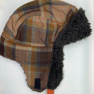 KIDS AVIATOR TROOPER HAT SZ 2T-4T BROWN PLAID W/ORANGE STRAP